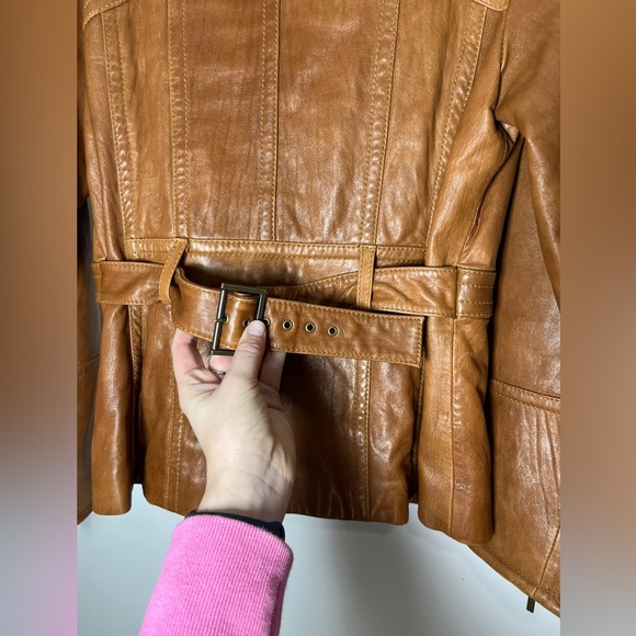 Vintage Anne Klein Longer Line Camel Faux Belted Leather Jacket Sz M - Picture 14 of 15